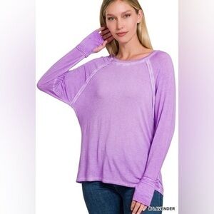 Zenana Washed Thumb Hole Cuffs Scoop-Neck Long Sleeve Top NWOT